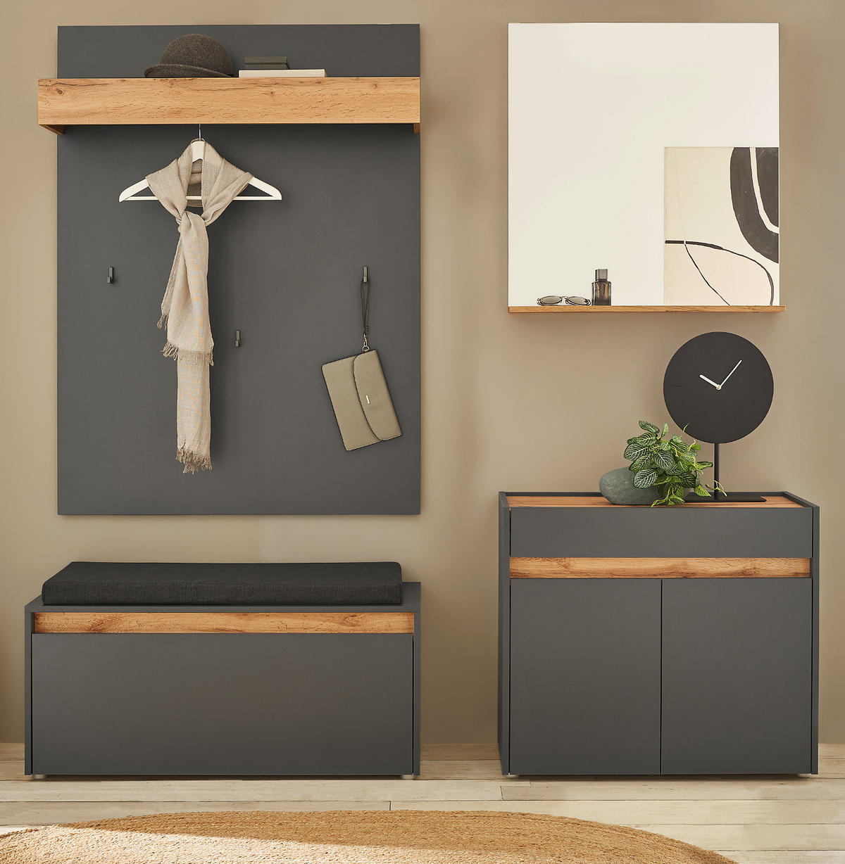 GARDEROBEN-SET 5-teilig grau matt, Eiche Wotan 190 cm, Kombination inklusive Sitzkissen - Silberfarben/Eiche Wotan, Glas/Holzwerkstoff (190/200/40cm) - Furn.Design