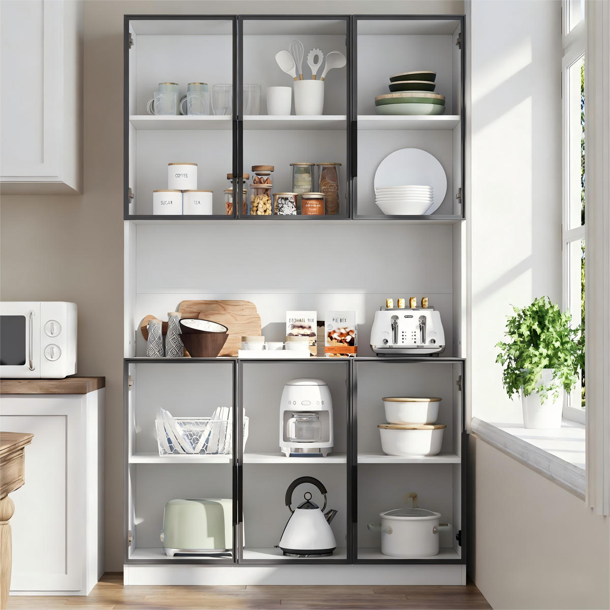 VITRINE 120/34/200 cm weiß aus MDF und Glas mit LED und 6 Türen - Weiß, Holzwerkstoff (120/200/34cm) - OKWISH