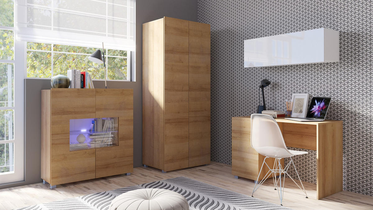KOMMODE Bird Goldene Eiche, zweitürige Kommode, mit LED und Silber Beine - Eichefarben/Silberfarben, Glas/Holzwerkstoff (100/107/35cm) - Bettso