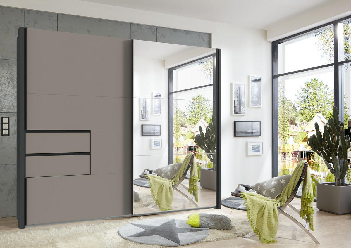 SCHWEBETÜRENSCHRANK B262/H216/T65 cm, Korpus+Passepartout Grafit, Türen+Schubladen Sand Grau / Spiegel, inkl. Vollausstattung / 22062 - Sandfarben/Schwarz, Holzwerkstoff/Metall (262/216/65cm) - luma-home