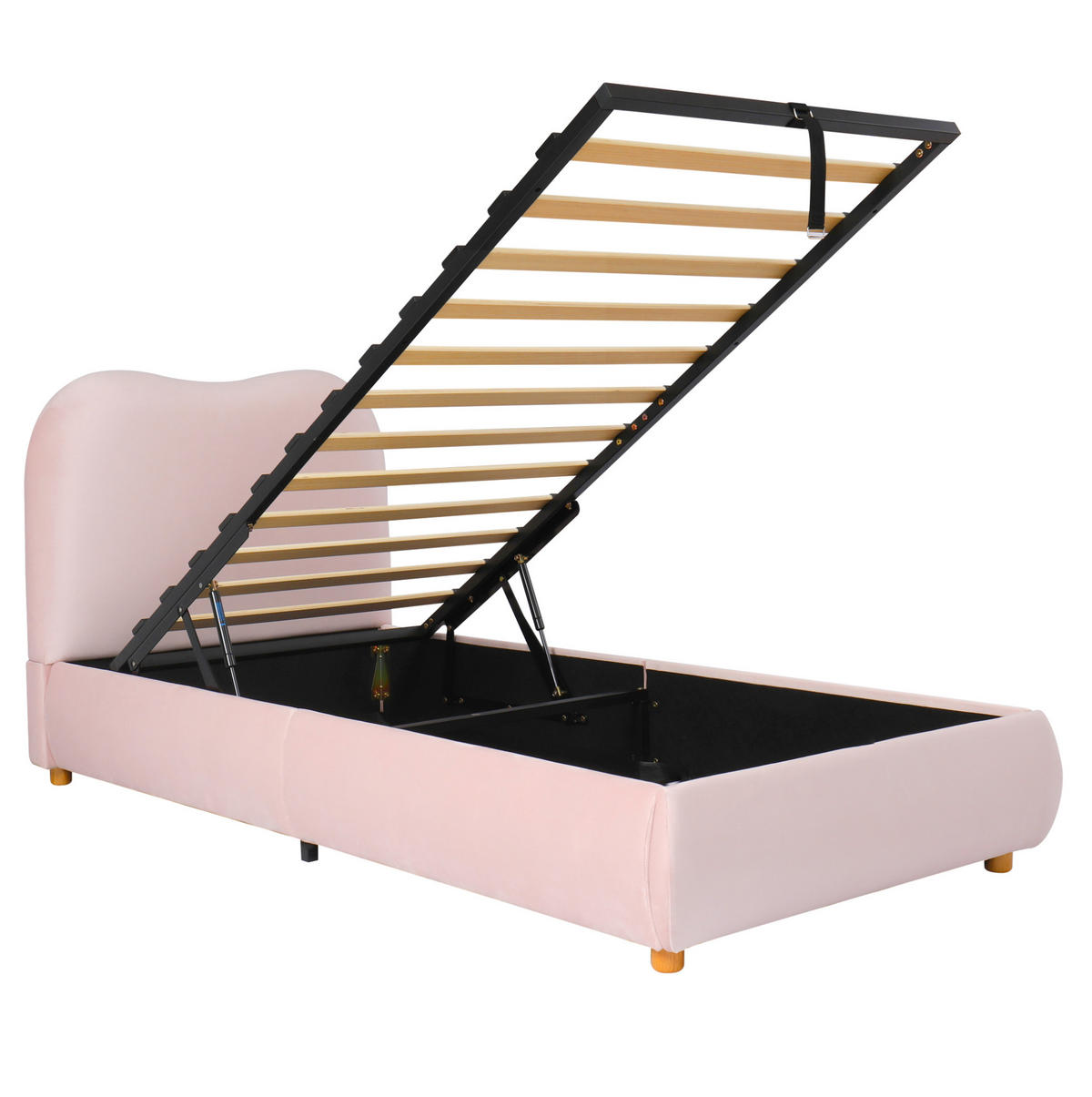 KINDERBETT 90/200 cm mit hydraulischem Stauraum, Lattenrost und gepolstertem Samt-Kopfteil, Pink - Rosa, Textil (90/200cm) - Redom