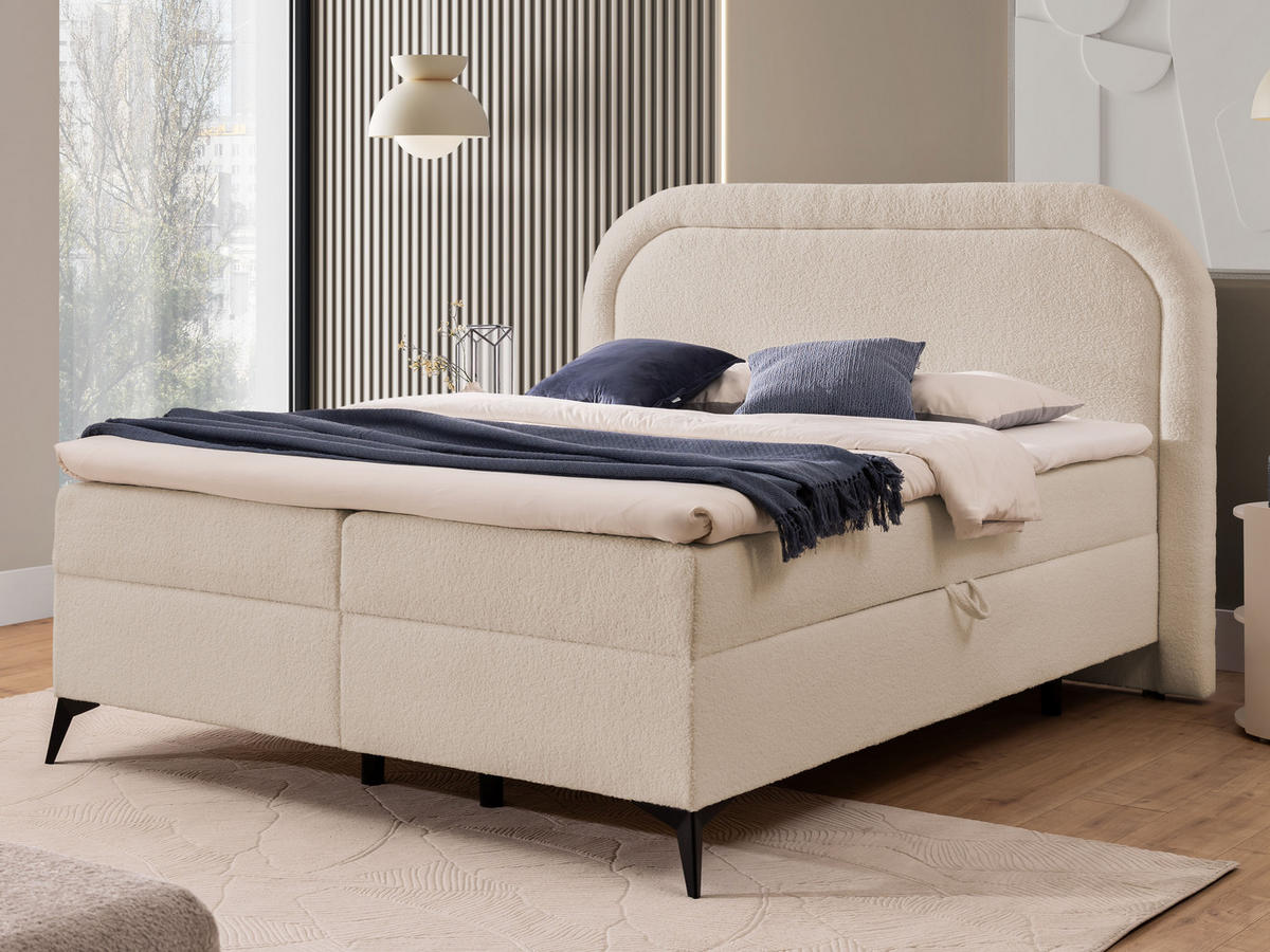 BOXBETT Sonna 160/200 cm Hellbeige Bouclé-Stoff mit abgerundetem Kopfteil und mit schwarzen Metallfüße - Beige/Schwarz, Holz/Textil (160/200cm) - S-Style Möbel