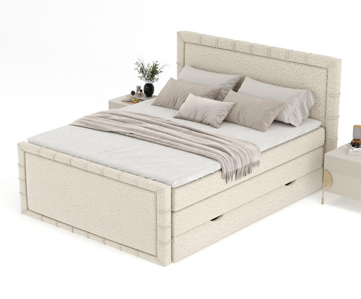 BOXBETT Estelle Beige 180/200 cm im Boucle-Stoff - Beige/Schwarz, Holz/Holzwerkstoff (180/200cm) - Maison de Reve