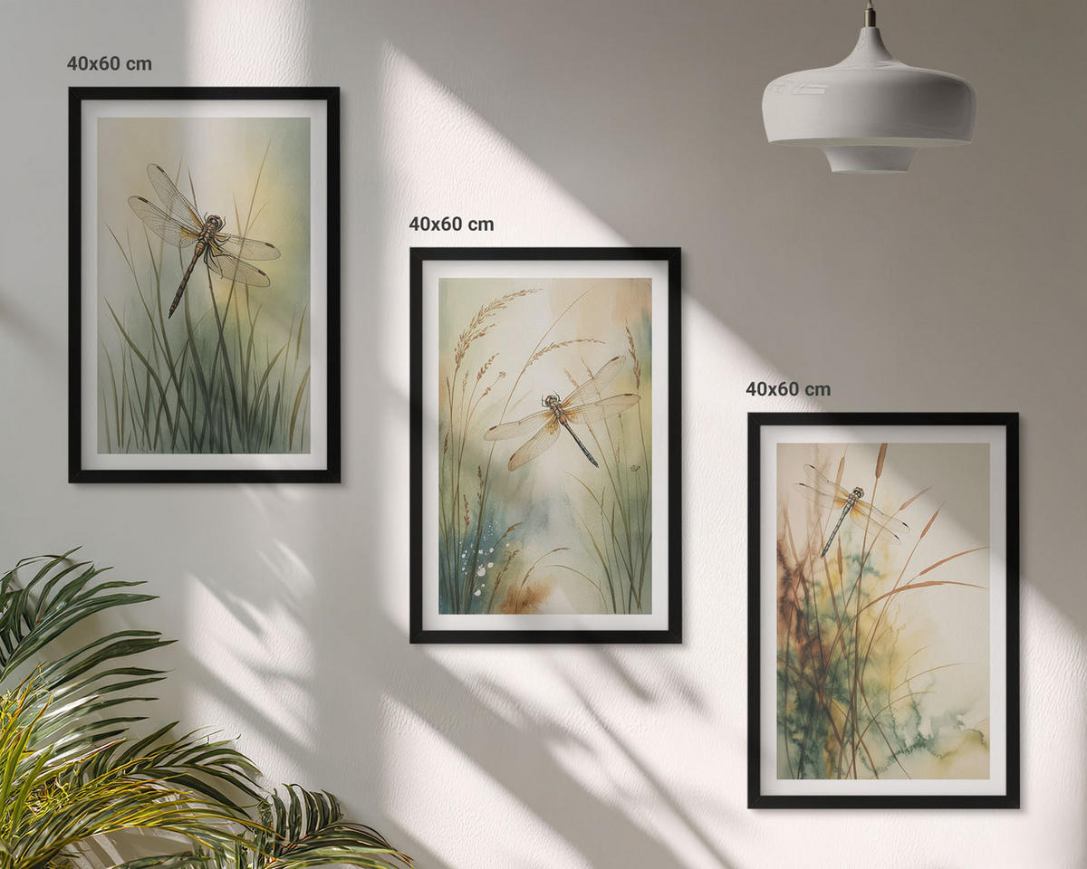 WANDBILDER 3er-Set - 40x60 cm Schwarzer Rahmen - Libellengräser über dem Wasser - Schwarz, Kunststoff (40/60cm) - ArtPrintCave