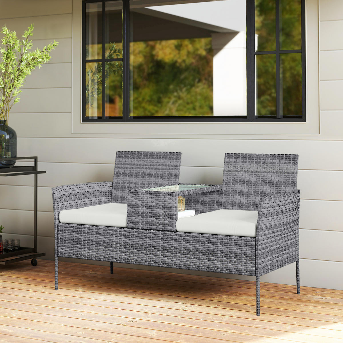 GARTENBANK 2-Sitzer DE-13678 mit integriertem Tisch Schwarz - Grau, Metall (135/81/64cm) - ComfortXL