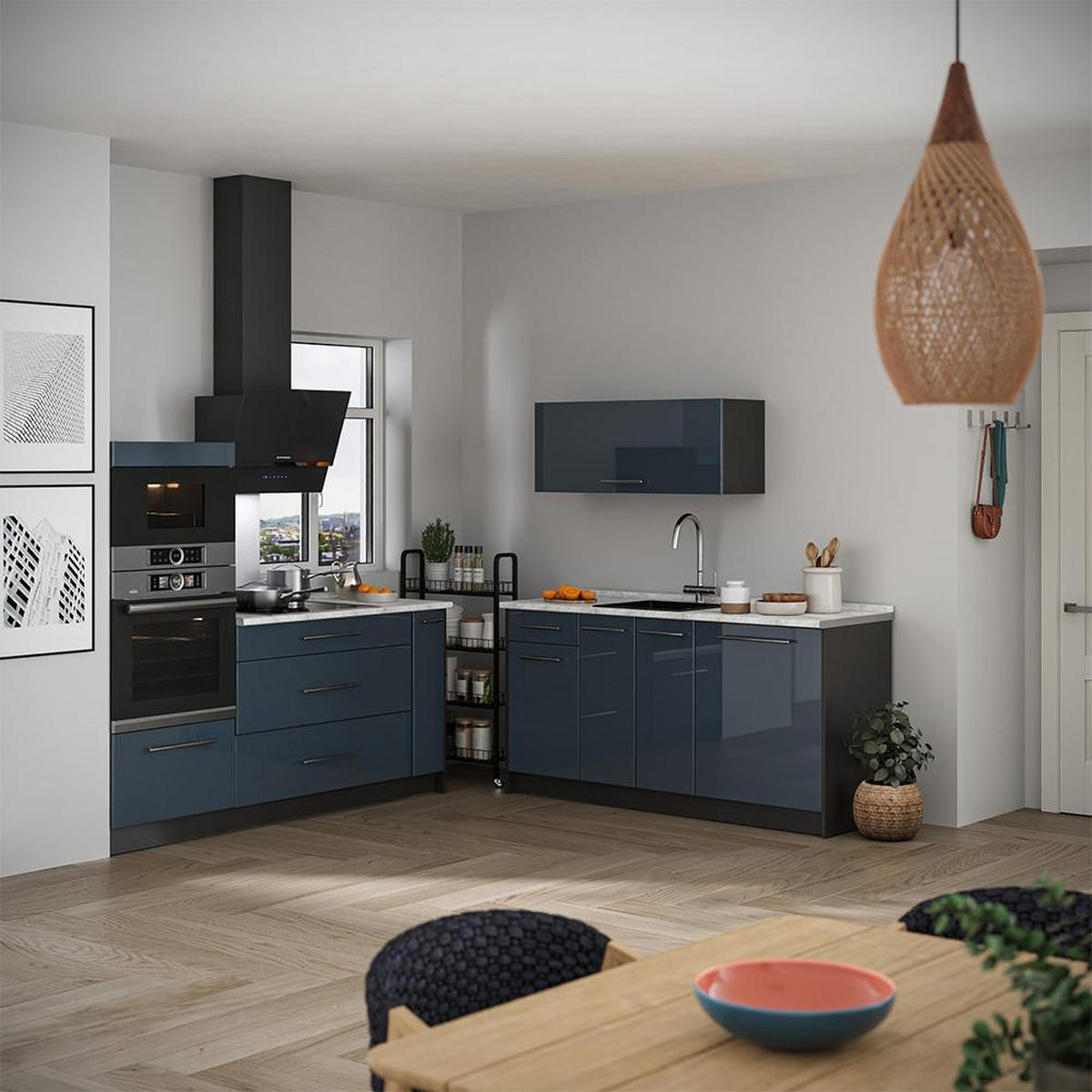 KUHINJA Fame-Line, Temno modra z visokim sijajem/Antracit, 340 cm, DP Marmor - antracit/temno modra, leseni material (340/153.6/60cm) - Vicco
