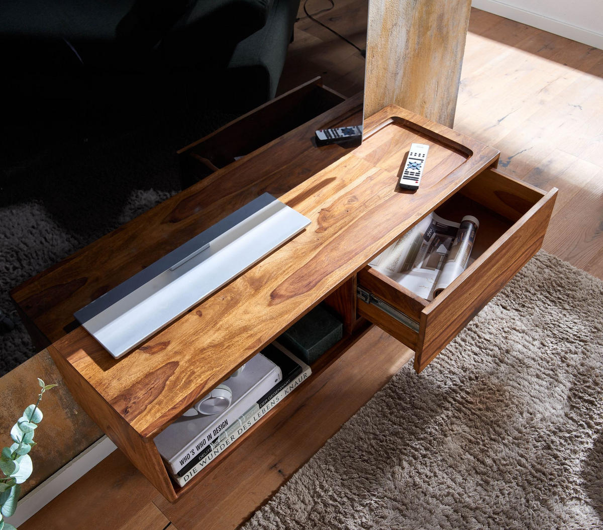 LOWBOARD Massivholz Modern Stil für Fernseher bis 50 Zoll mit Schublade und offenem Fach - Braun, Holz (108/25/34cm) - KADIMA DESIGN