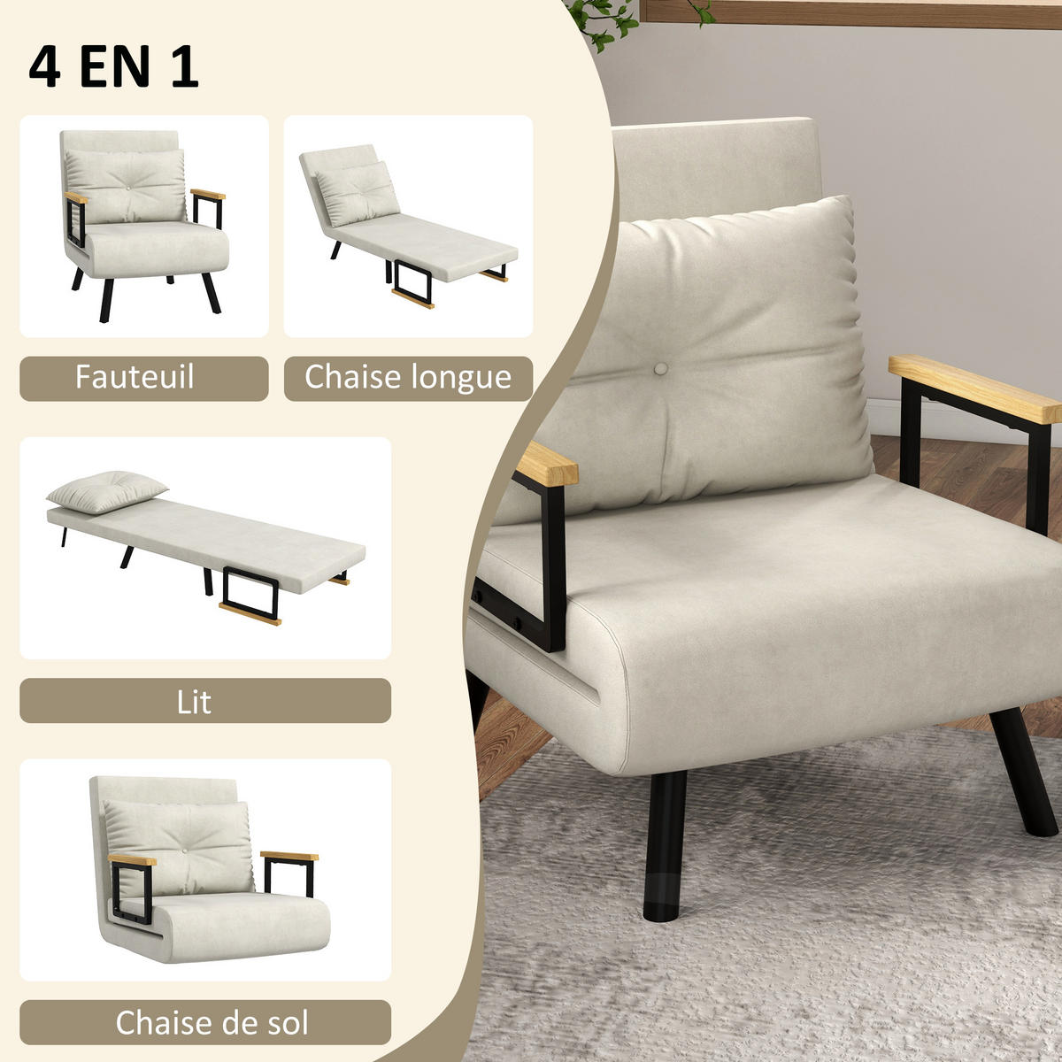 SCHLAFSESSEL 4-in-1 DE-14595 mit 5-fach verstellbarer Rückenlehne Creme - Creme, Textil (73/81/63cm) - ComfortXL