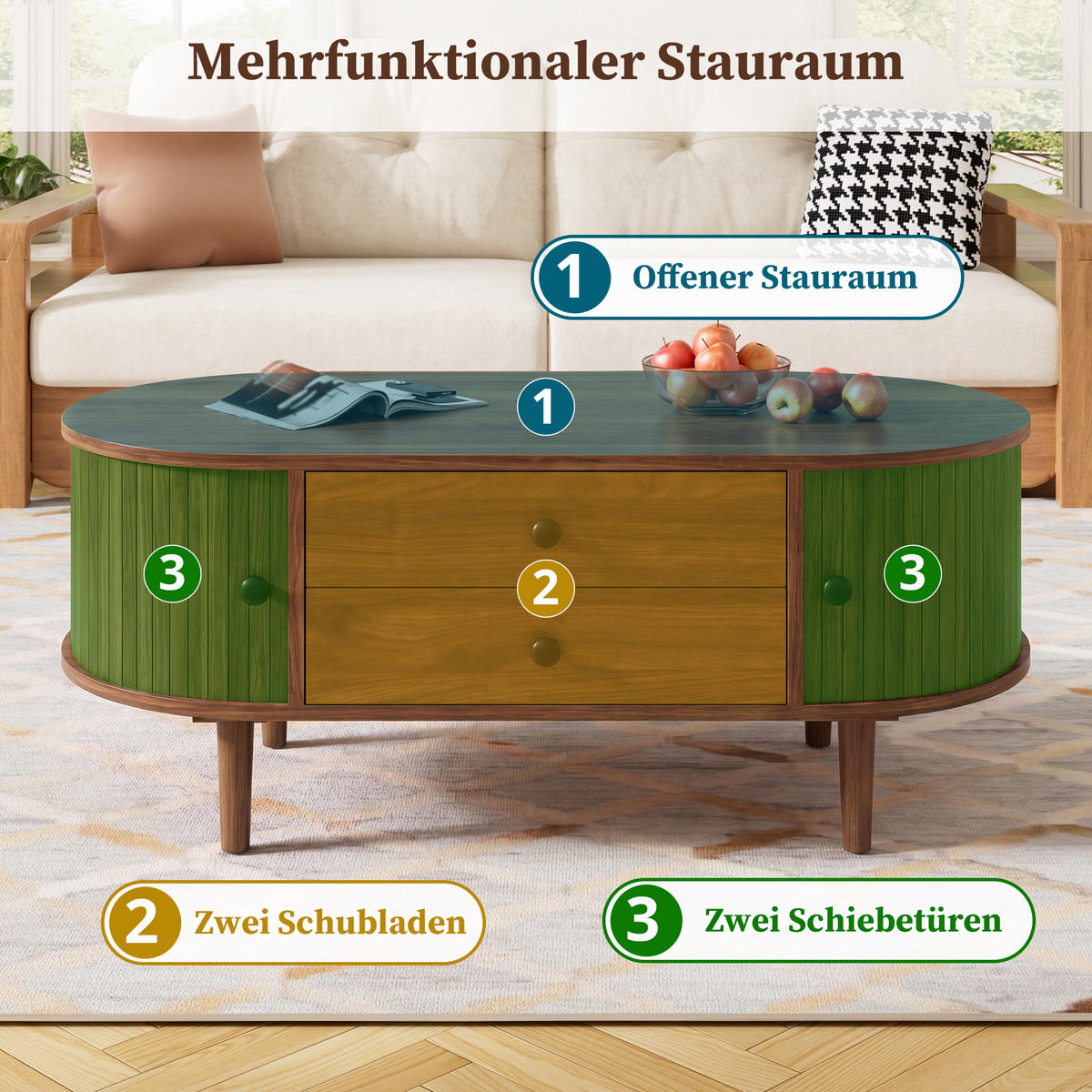 COUCHTISCH Oval Leisten Schiebetüren 2 Schubladen MDF - Walnussfarben, Holzwerkstoff (100/50/40cm) - FLIEKS