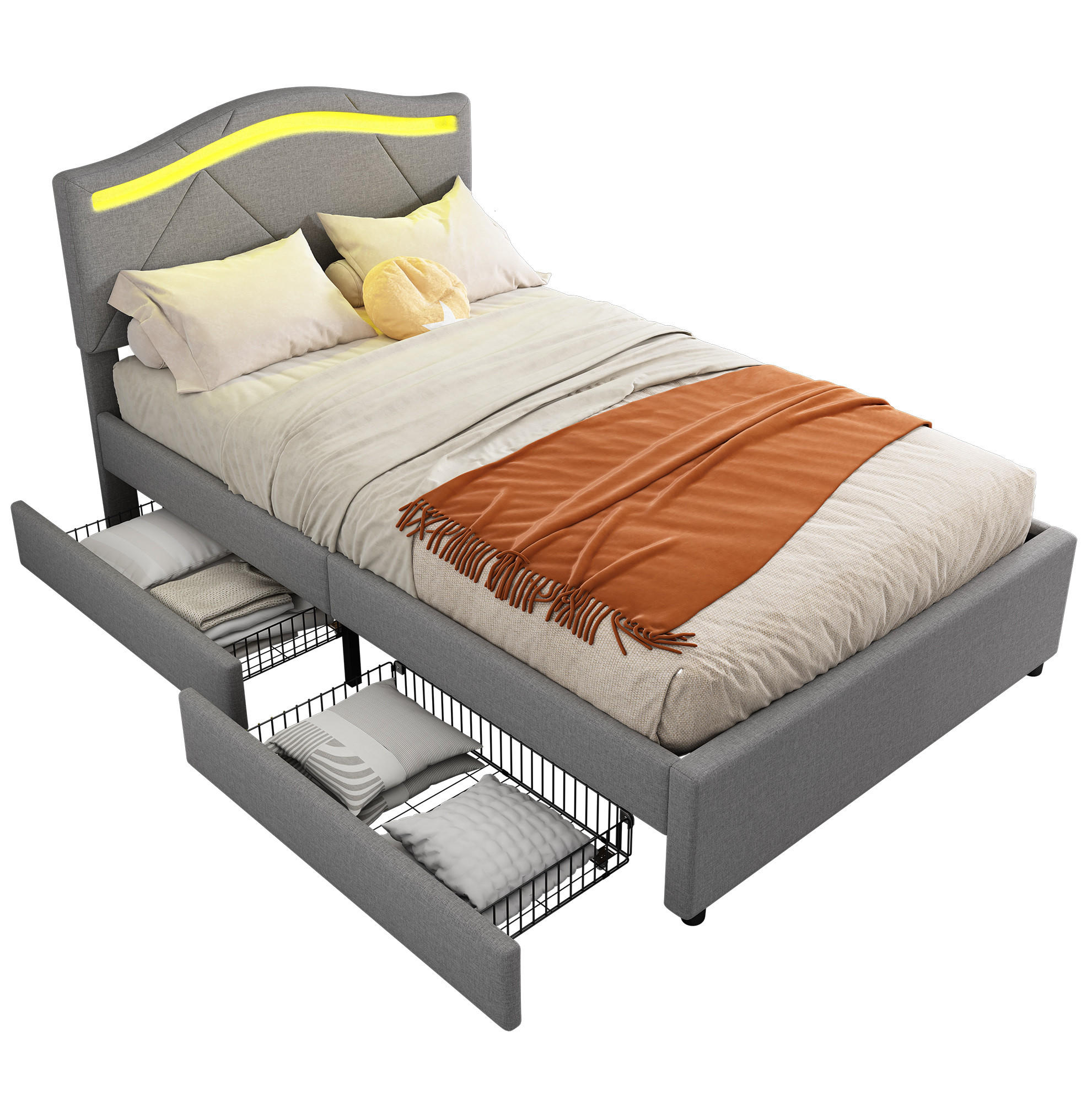 POLSTERBETT 90/200 cm mit LED-Beleuchtung, 2 Schubladen, verstellbarem Kopfteil und Lattenrost, Grau - Grau, Textil (90/200cm) - Redom