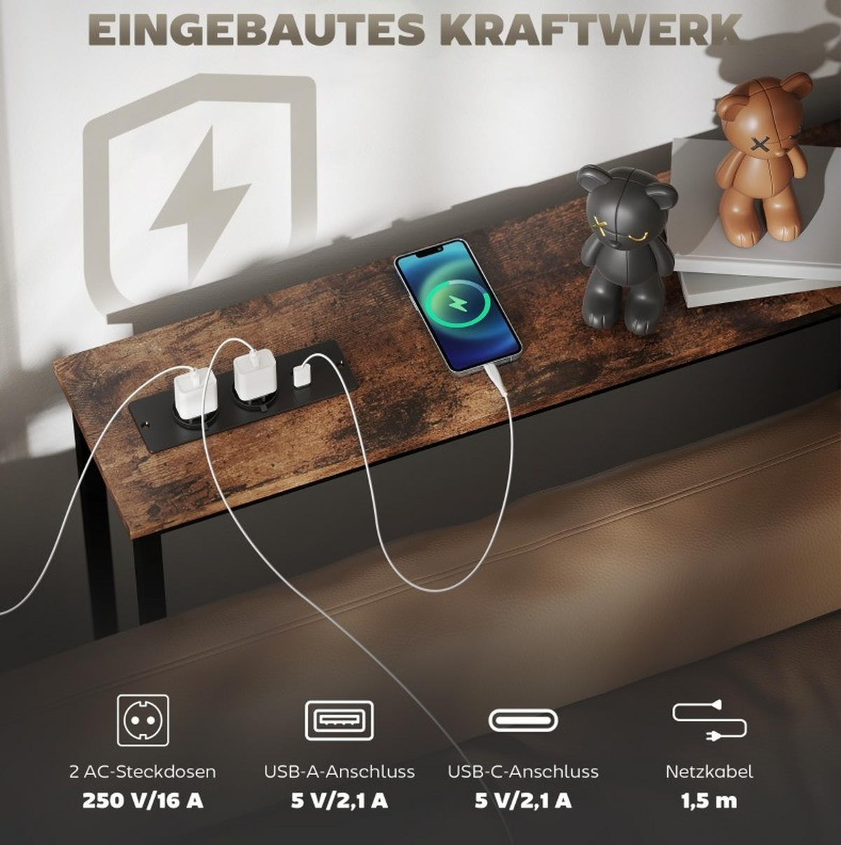 KONSOLENTISCH 160/20/80 cm braun aus Holz mit integrierter Ladestation - Braun, Holz (160/20/80cm) - OKWISH