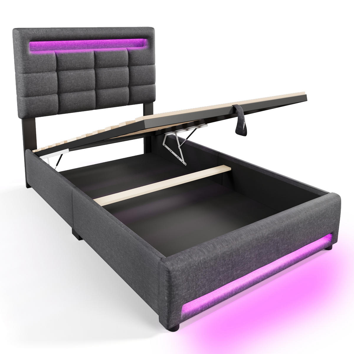 POLSTERBETT 90x200cm Grau Leinen APP-Fernbedienung LED Hydraulik USB - Grau, Holz (90/200cm) - FLIEKS