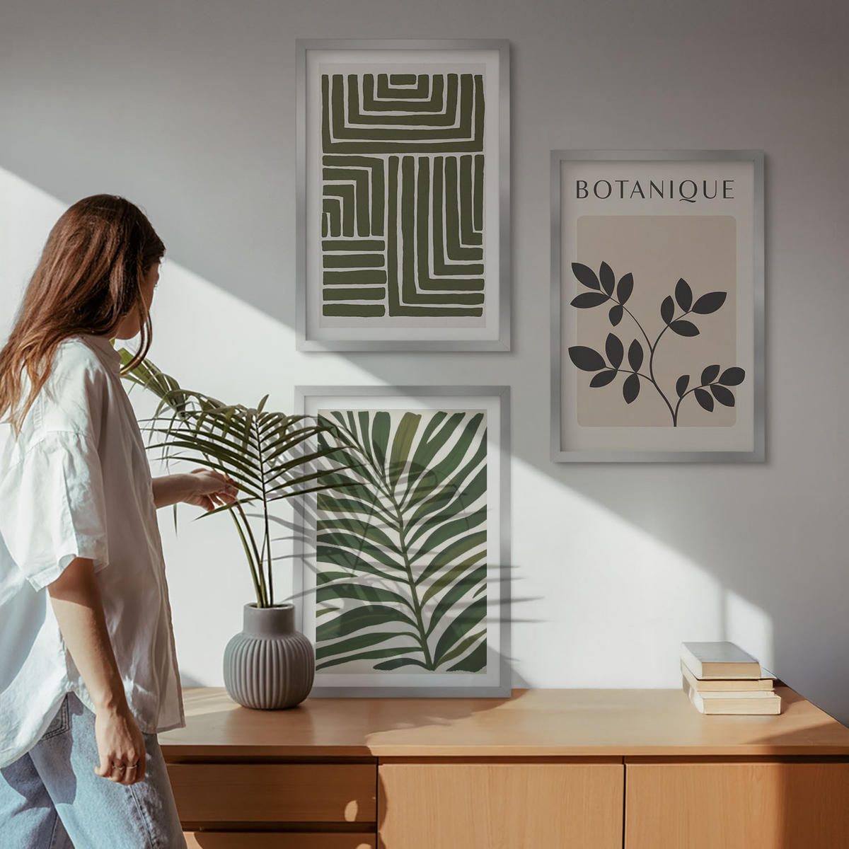 BILDER SET 3er Set - 40x60 cm Silberner Rahmen - Botanischer Boho-Minimalismus - Silberfarben, Kunststoff (40/60cm) - TULUP