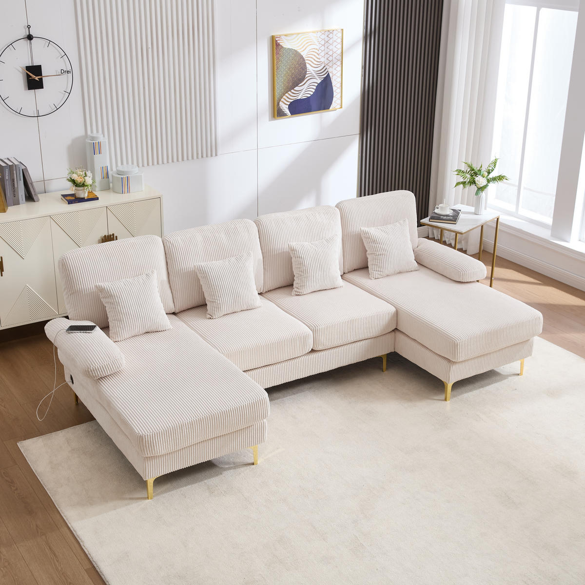 WOHNLANDSCHAFT 265/135/88 cm Beige mit LED Ambientebeleuchtung und der USB-C-Port - Beige, Textil (265/88/135cm) - Oxeza