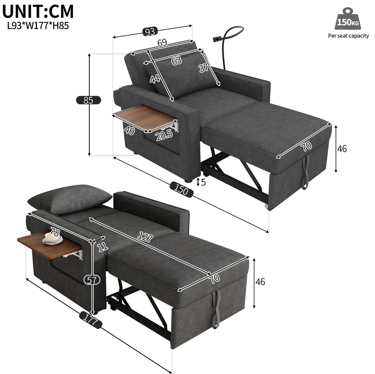 SCHLAFSOFA aus Cord 93x150x85 cm Grau mit USB-, Type-C-Anschluss, 360°-Handyhalter und Beistelltisch - Grau, Textil (150/85/93cm) - Modfu