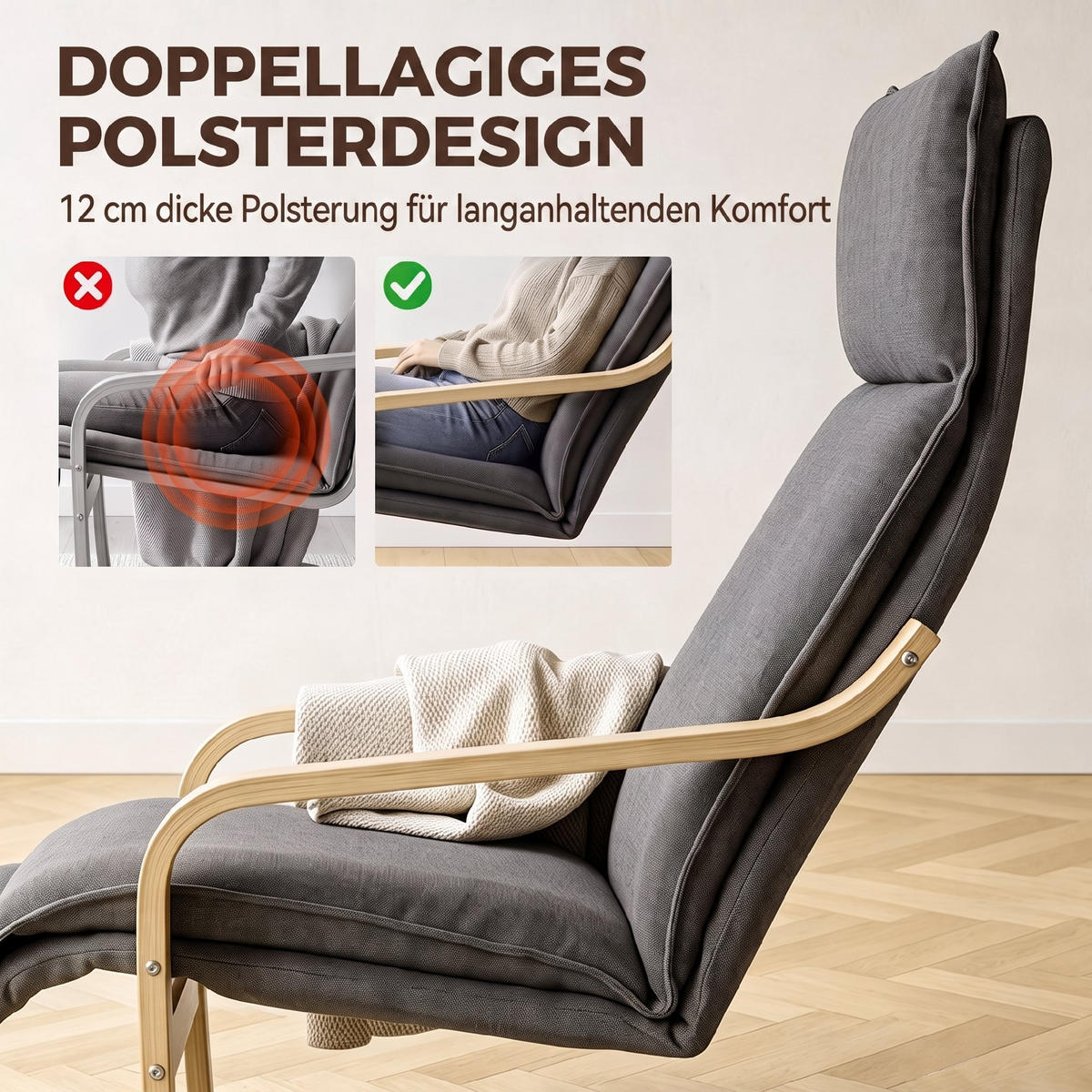 SESSEL Polyester Dunkelgrau - Dunkelgrau/Schwarz, Birkenholz/Holzwerkstoff (67/105/90cm) - HOMCOM