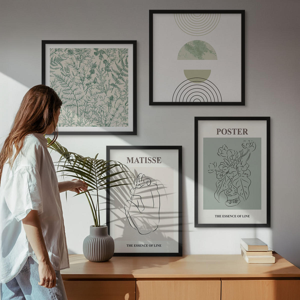 BILDER SET 4er Set - 50x50 cm & 40x60 cm Schwarzer Rahmen - Linien, Pflanzenmuster, Minimalismus - Schwarz, Kunststoff (50/50cm) - TULUP