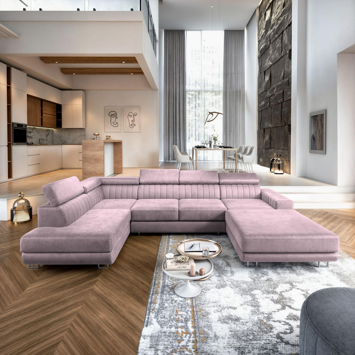 WOHNLANDSCHAFT SIENA R-S Lila Velours-Stoff mit Schlaffunktion - Lila, Holz (335/89/190cm) - MASSENO