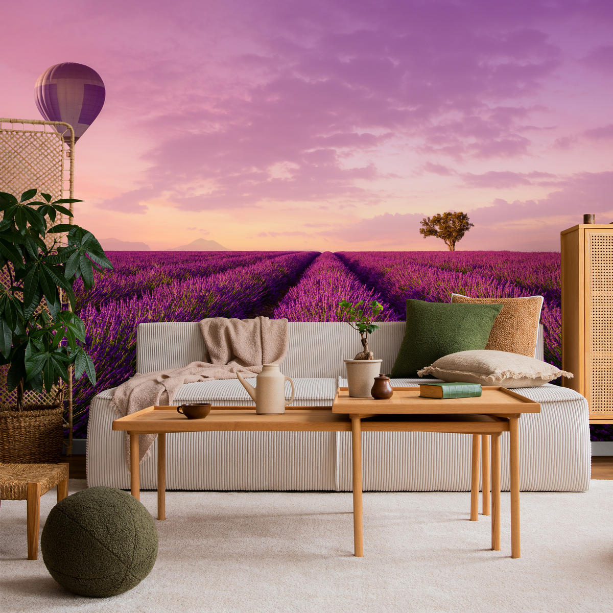 FOTOTAPETE für Wohnzimmer Lavendelfeld Heißluftballon Provence 250x175 - Violett/Lila, Papier (250/175cm) - Muralo