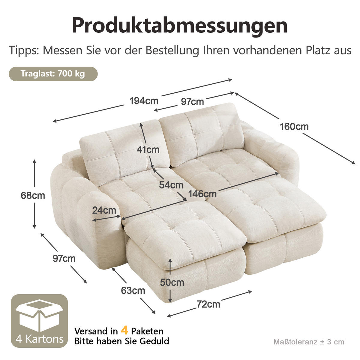 2-SITZER-SOFA DE-34464 mit 2 Ottomanen Beige - Beige, Textil (160/194cm) - ComfortXL