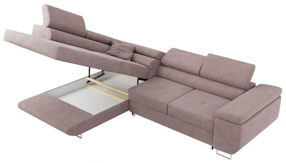 ROHOVÁ SEDAČKA GUSTAW L - Světle růžová Bouclé - Pravá Strana - stříbrná/světle růžová, kov/textil (205/275cm) - MKS