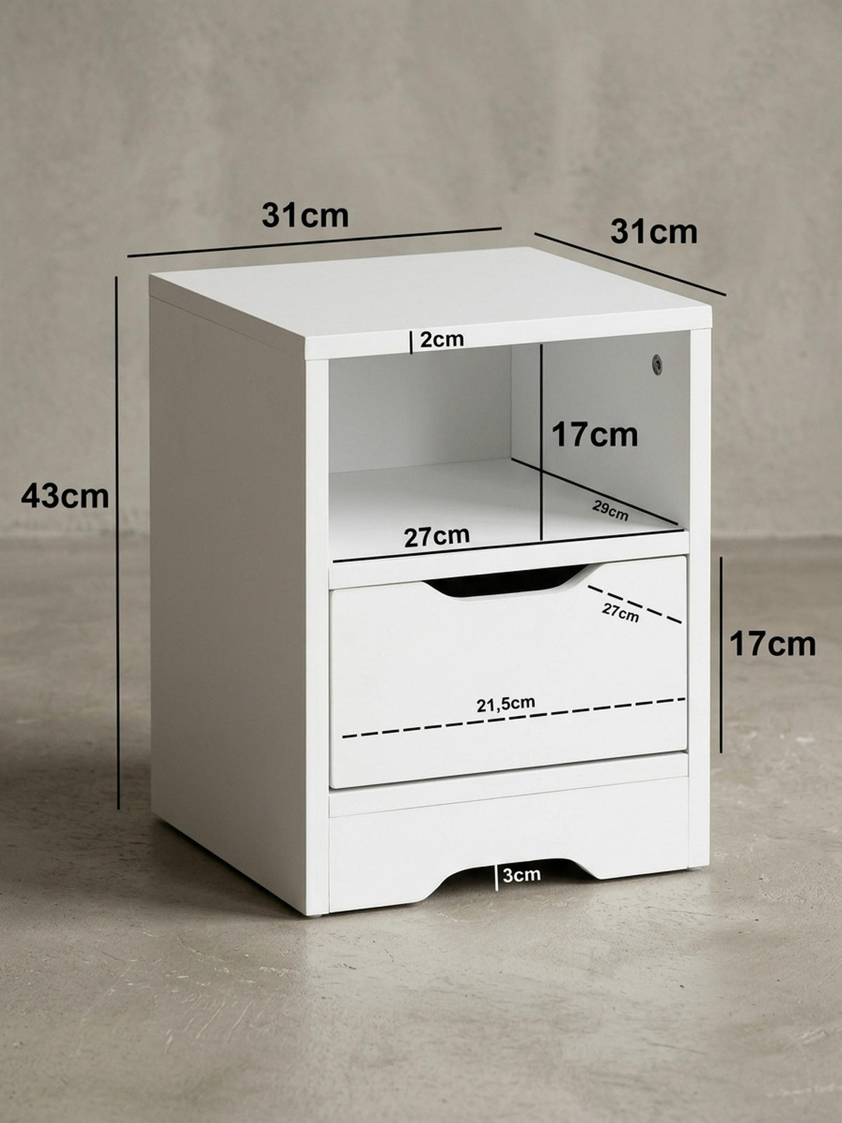 NACHTTISCH Modern Schublade Ablage Kratzfest ILM, Weiß 31x31x43 cm - Weiß, Holz (31/43/31cm) - KADIMA DESIGN