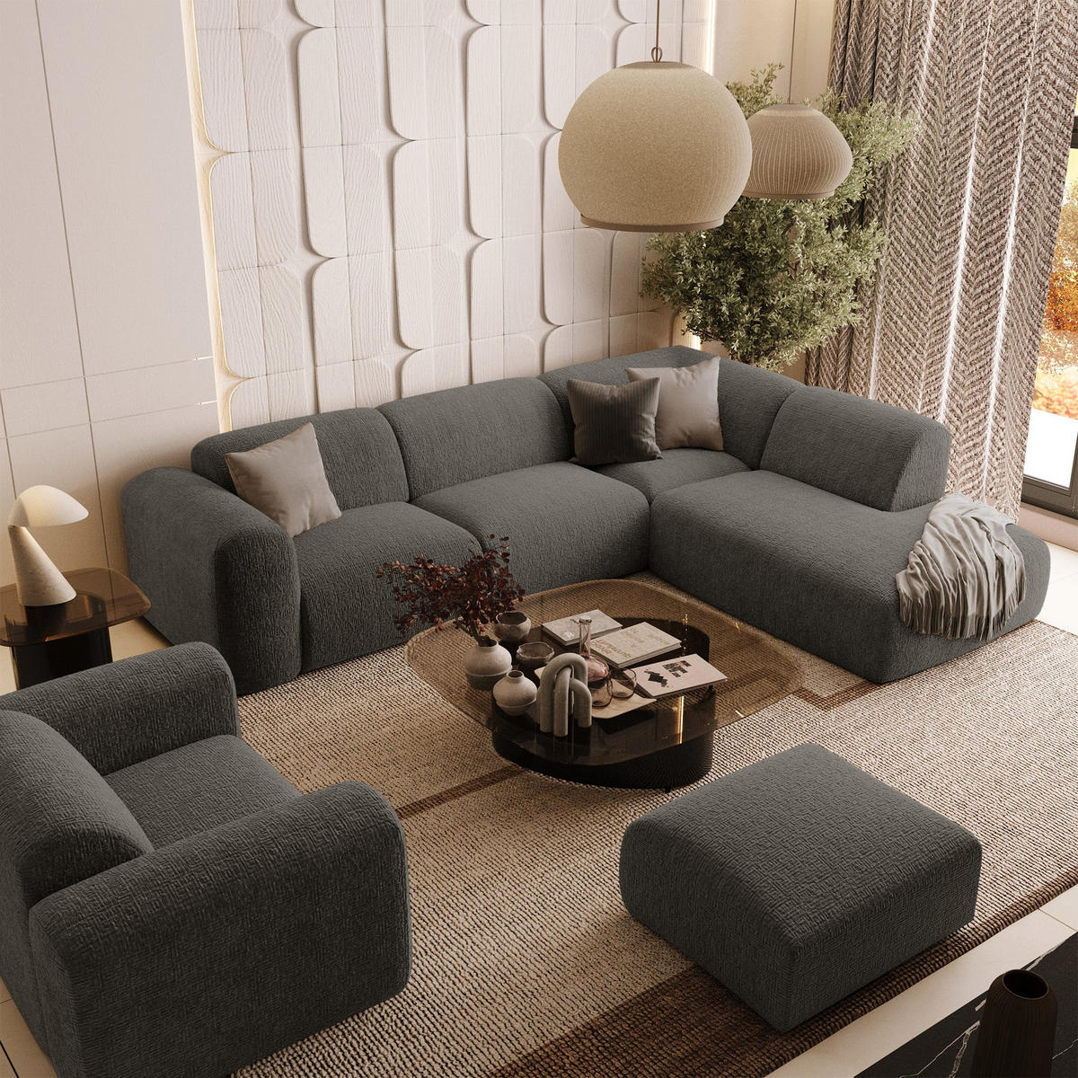 ECKSOFA RECHTS Gemusterter Samt Grau 269cm - Grau, Textil (269/221cm) - Sia Home