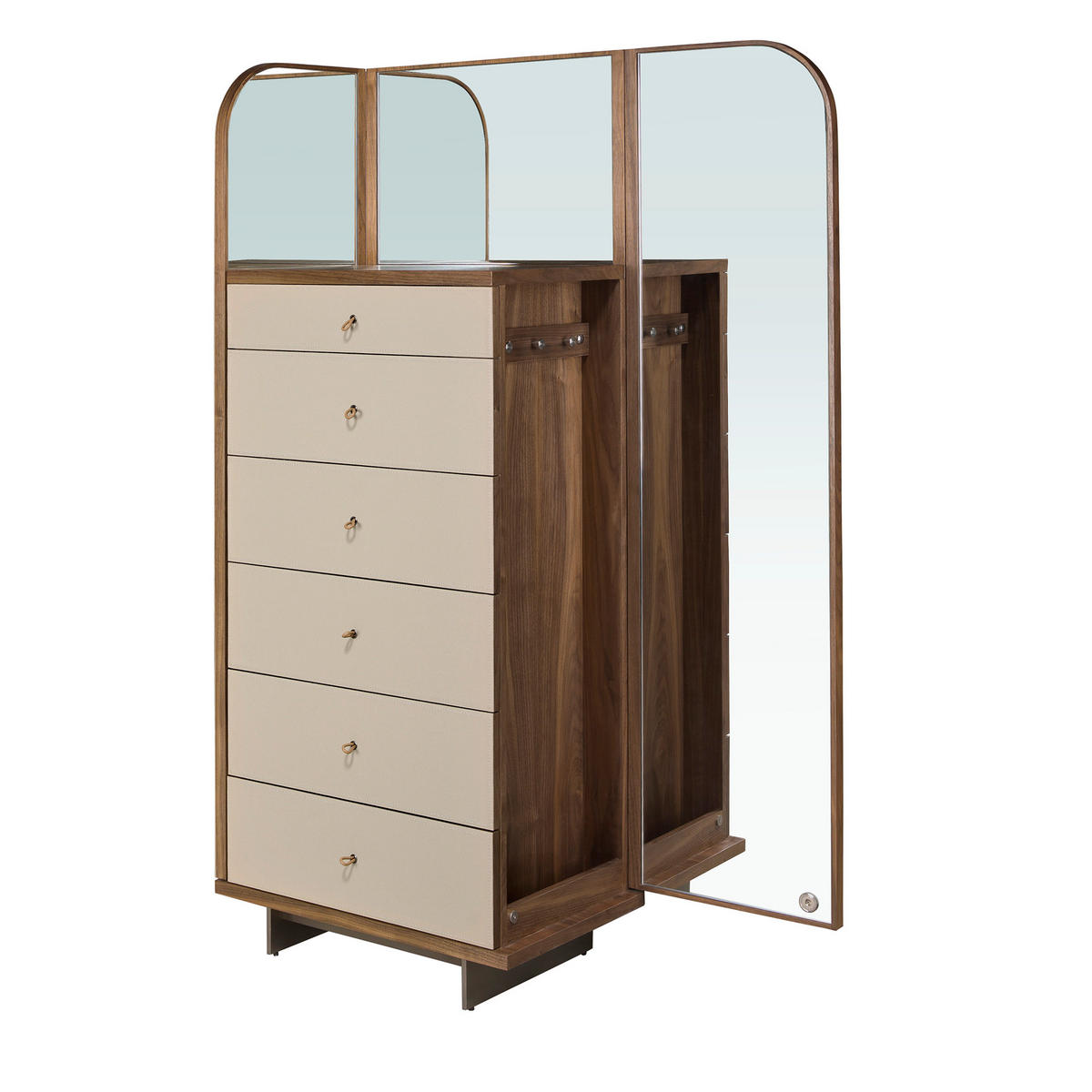 HIGHBOARD Chifonier Leder, Nussbaum und polierter Stahl mit Spiegel 65/42/168 cm - Silberfarben/Walnussfarben, Leder/Holz (65/168/42cm) - ANGEL CERDA