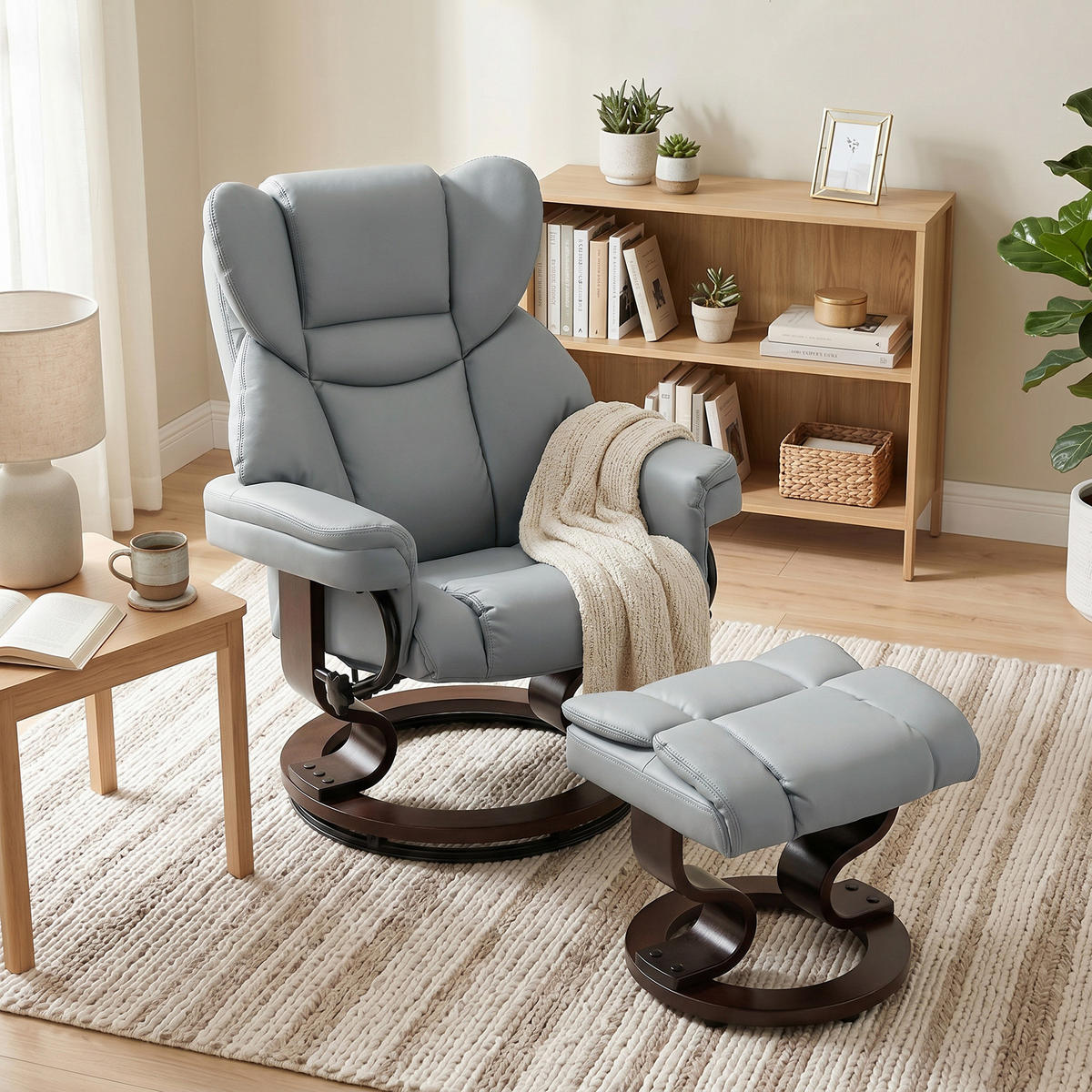 RELAXSESSEL mit Fußhocker PU-Leder Hellgrau - Hellgrau/Braun, Holz/Kunststoff (79/100/80cm) - HOMCOM