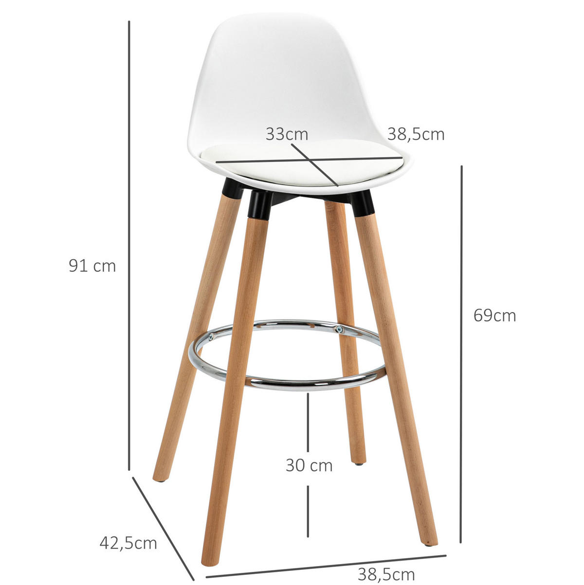 BARHOCKER 2er-Set mit Rückenlehne, Fußstütze und gepolsterter Sitzfläche Weiß - Weiß, Kunststoff (42.5/91/38.5cm) - MIVRAY