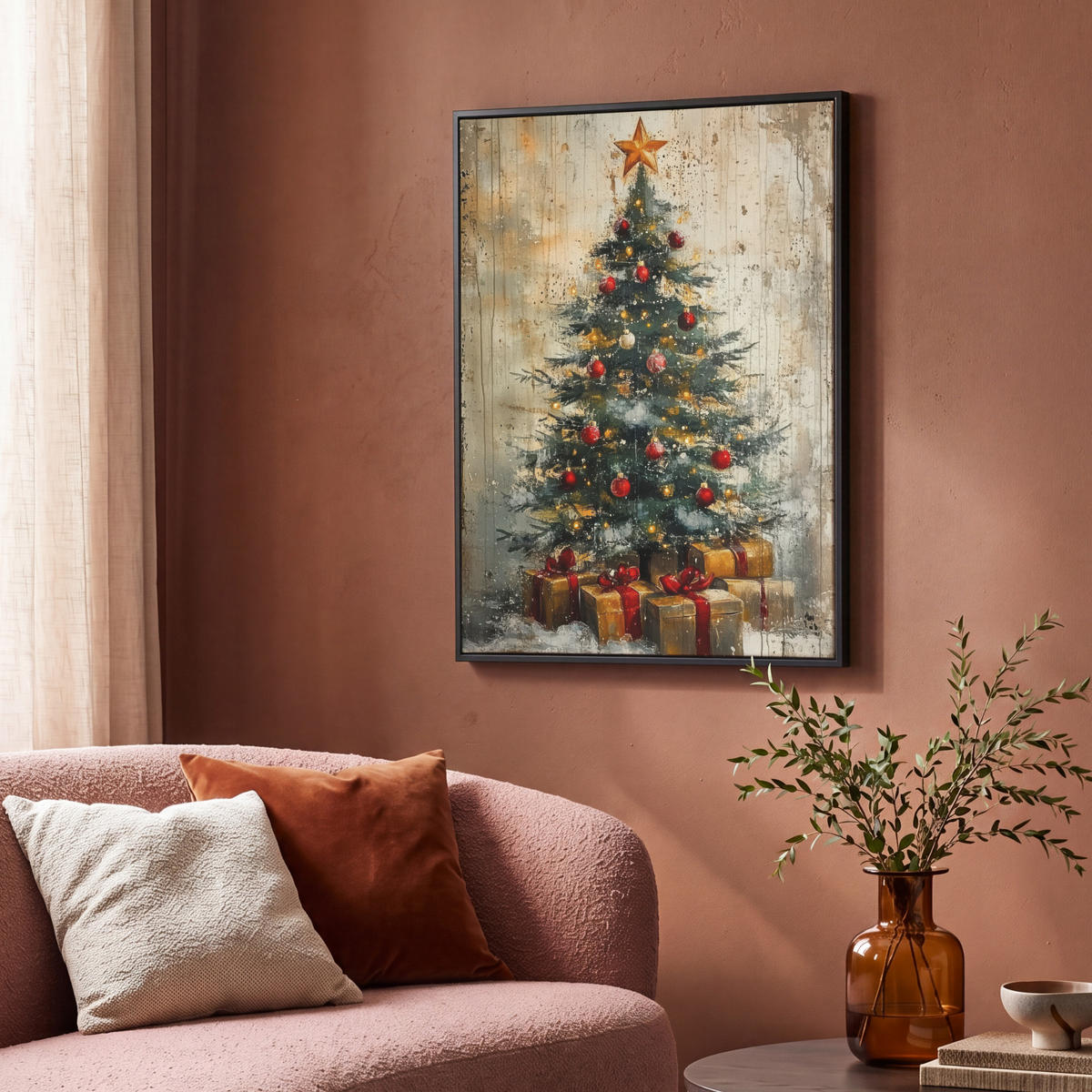 LEINWAND Bilder mit Rahmen - Weihnachtsbaum - Vintage - Weihnachten - Geschenk - 70x100 - Rostfarben, Textil (70/100cm) - MuchoWow
