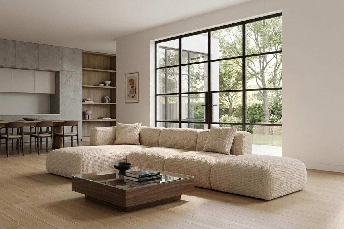 ECKSOFA L-Form mit Hocker, Chenille-Stoff Cremona, Creme, Links, GRETA - Creme, Holz (386/179cm) - Kaiser Möbel