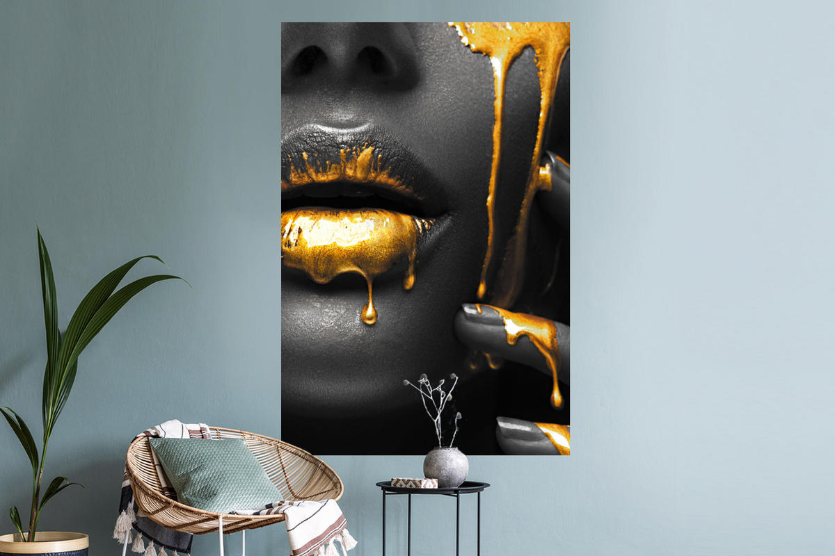 WANDTATTOO Frau - Schwarz - Gold - Gesicht - Lippen 80x120 cm - Goldfarben, Kunststoff (80/120/0.1cm) - MuchoWow