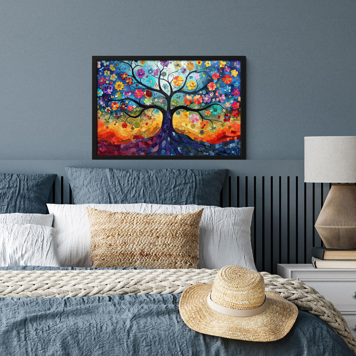 ZARÁMOVANÝ PLAGÁT Umenie - Strom života - Kvety - Hippie 60x40 cm - tmavomodrá, papier (60/40cm) - MuchoWow