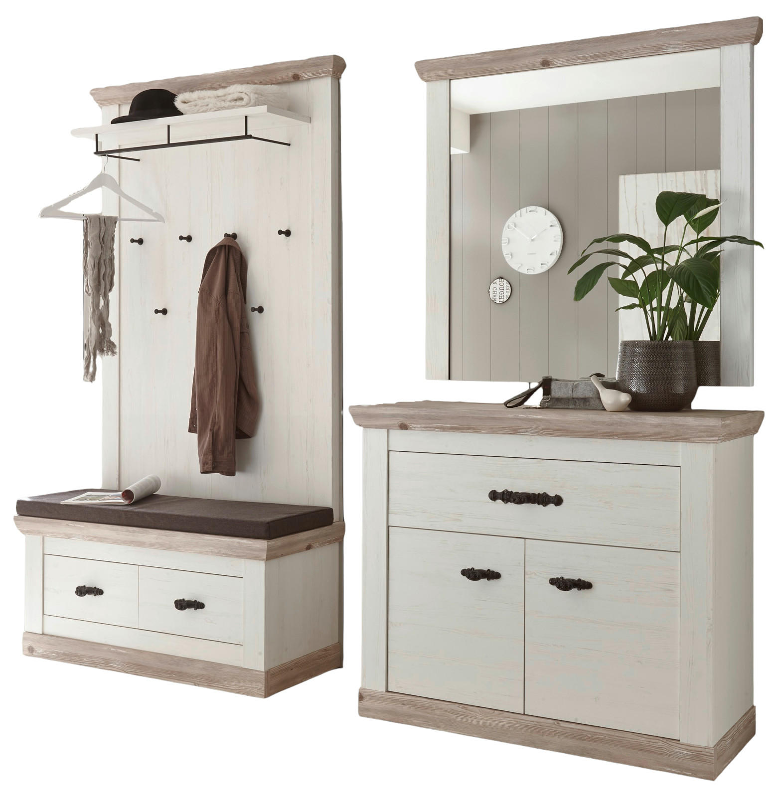 GARDEROBENKOMBINATION Pinie weiß, Oslo Pinie Landhaus, Garderobe Set 4-tlg., 224 x 201 cm - Anthrazit/Weiß, Holzwerkstoff/Metall (224/201/45cm) - Furn.Design