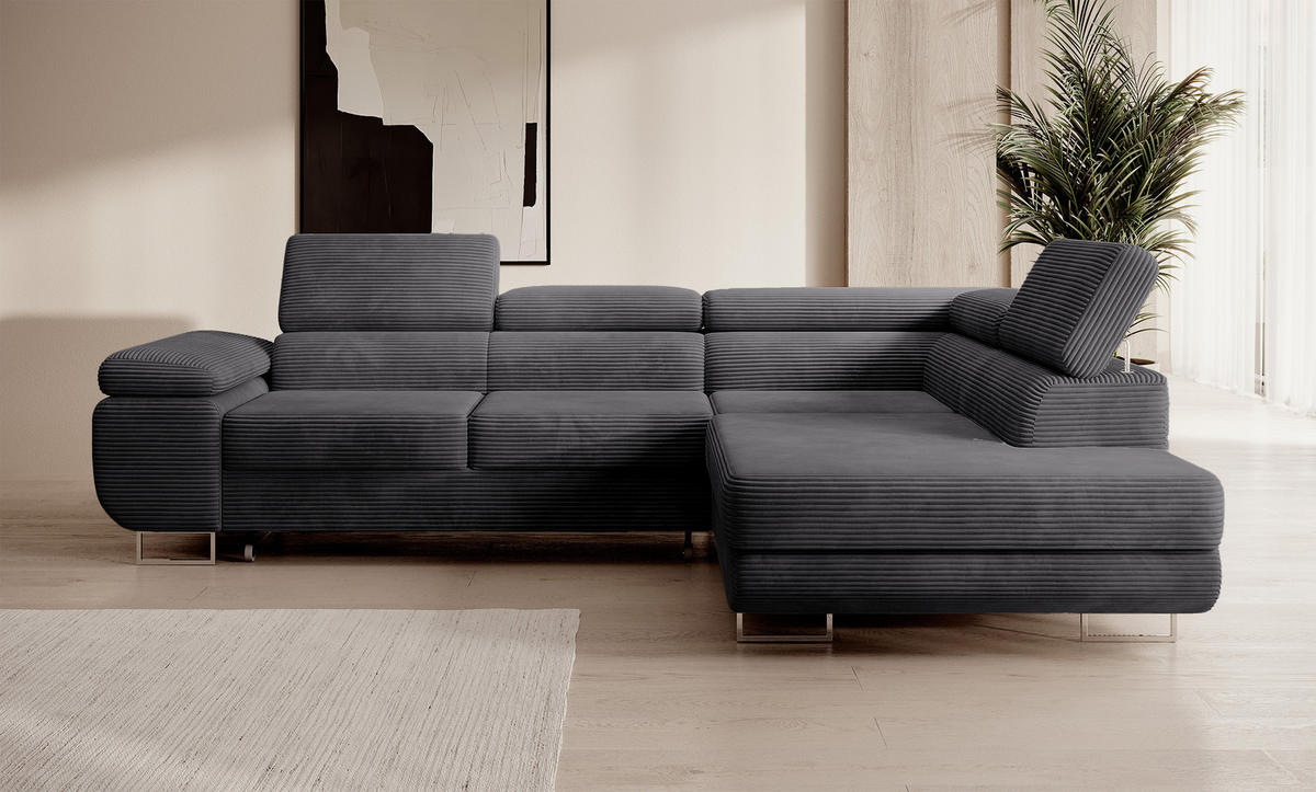 ECKSOFA Stevil Dunkelgrau Cordbezug - Dunkelgrau/Silberfarben, Textil/Metall (275/203cm) - Selsey