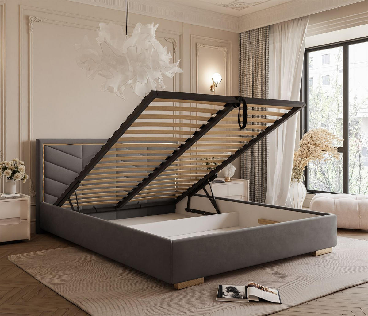 POLSTERBETT AURORA 180x200 mit Bettkasten Jasmine 96 - Grau, Textil (180/200cm) - Lookway