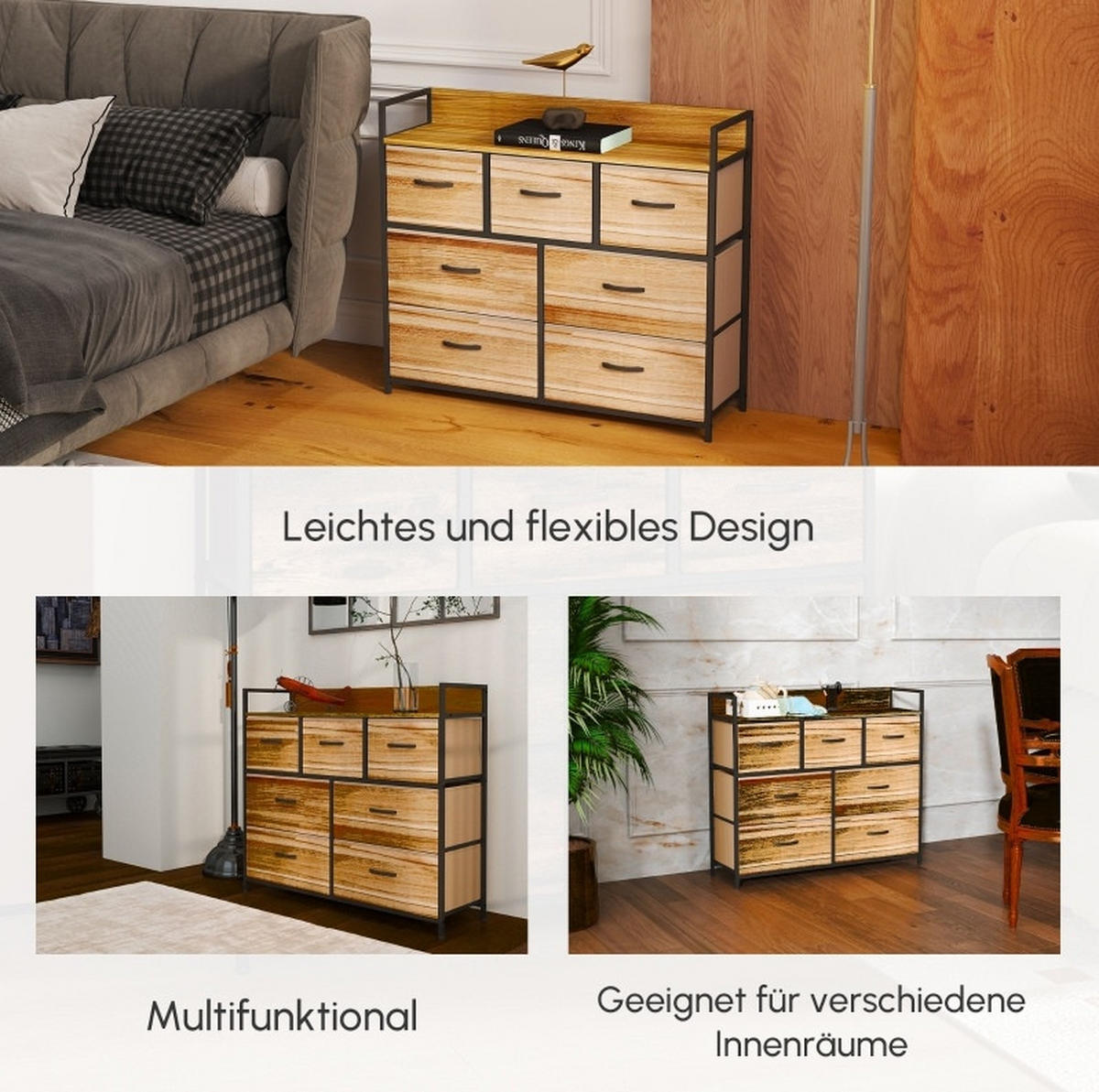 KOMMODE 98/29/85 cm in Braun mit 7 Stoffschubladen und Ablage - Braun, Holzwerkstoff (98/85/29cm) - Flora Grace