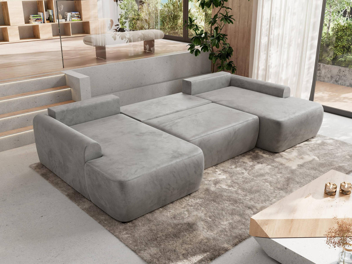 WOHNLANDSCHAFT CUBO U Hellgrau Velvet - Hellgrau/Schwarz, Kunststoff/Textil (370/100/187cm) - MKS