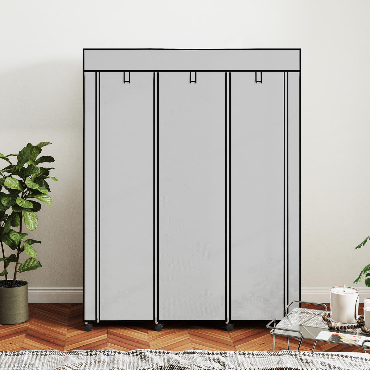 STOFFSCHRANK mit 8 Regalen und 2 Kleiderstangen, faltbarer Kleiderschrank als Aufbewahrungslösung in Grau - Hellgrau, Metall (125/162.5/43cm)