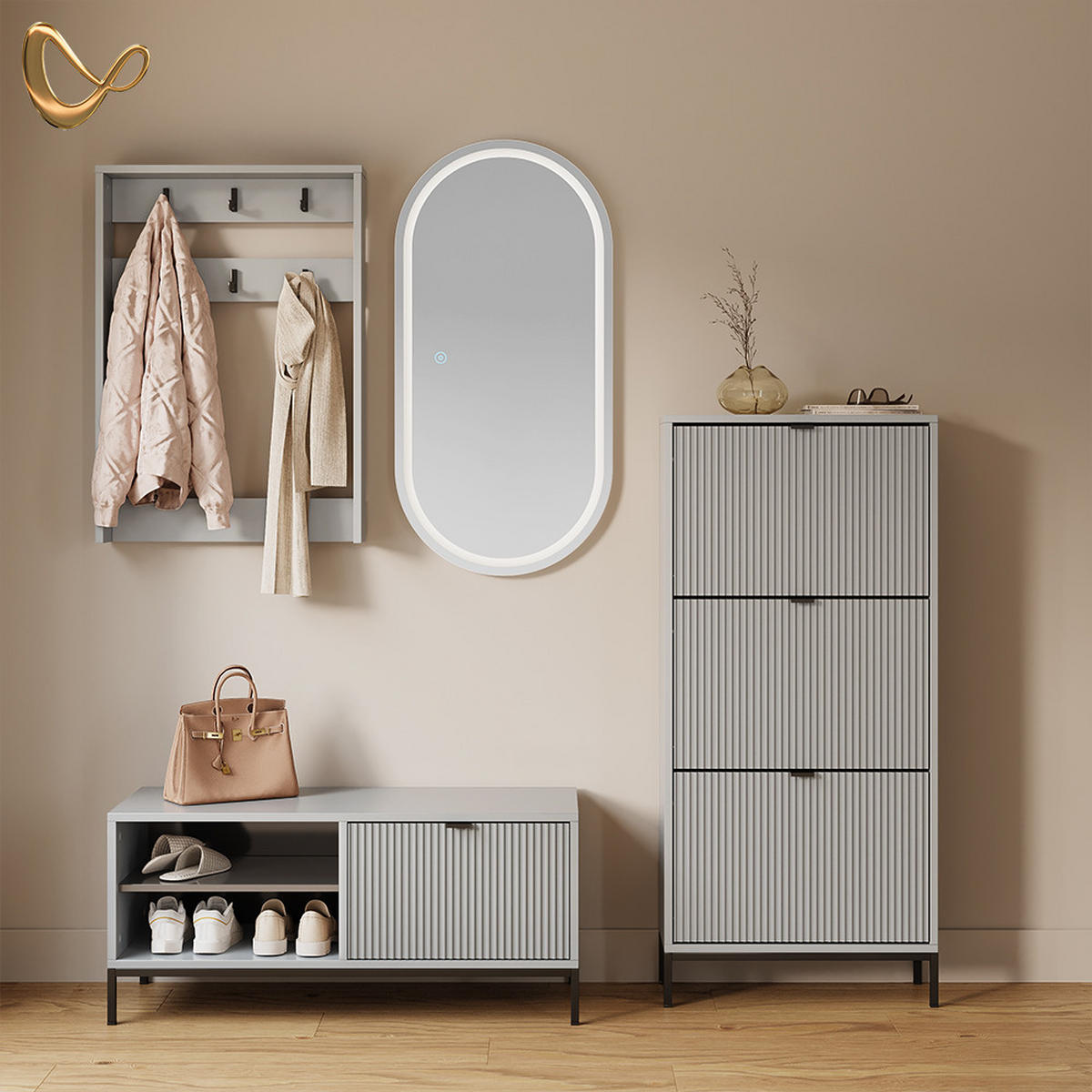 SCHUHKIPPER Aterno Grau 60 x 130 cm mit 3 Klappschubladen - Grau, Holzwerkstoff (60/130/24cm) - Livinity®