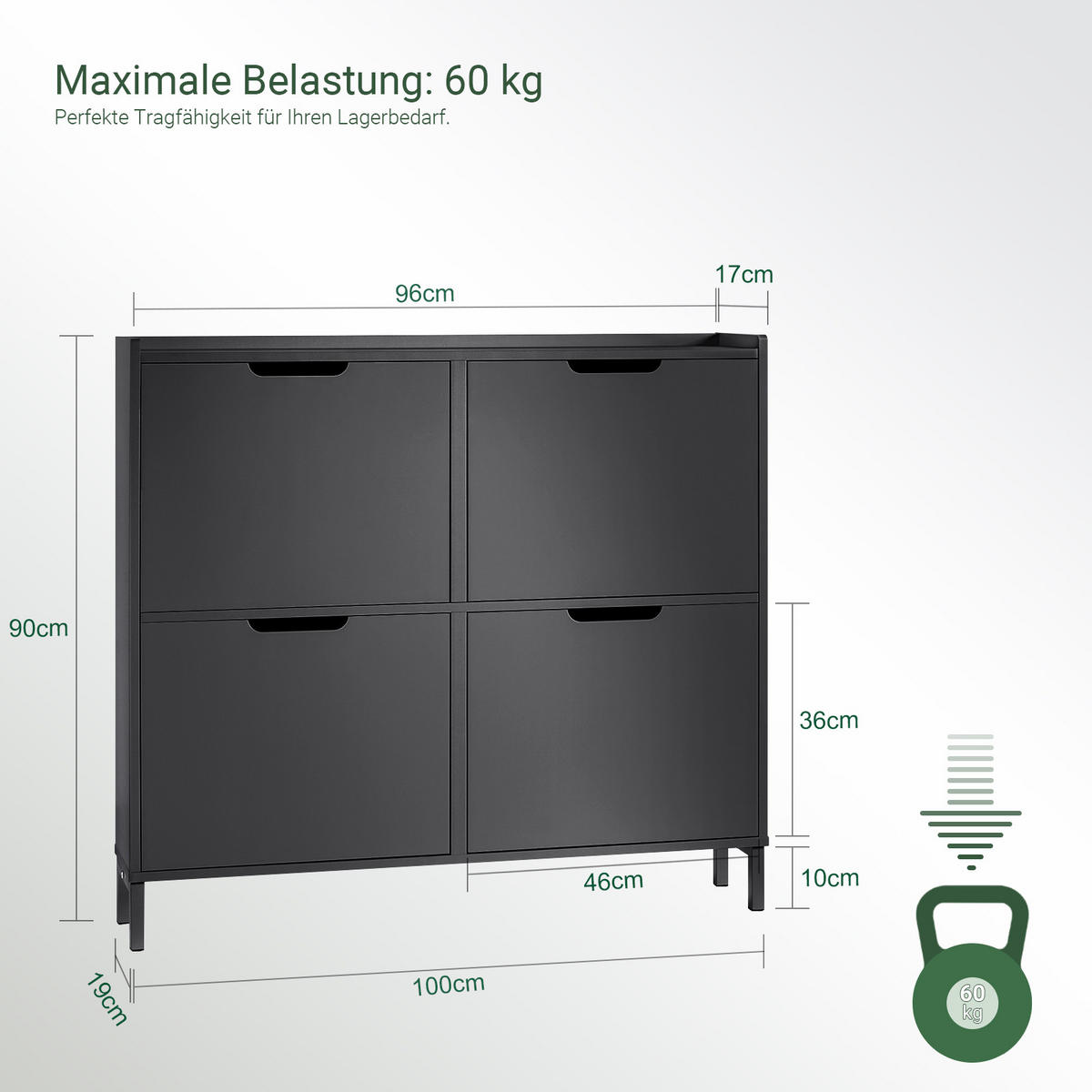 SCHUHKIPPER mit 4 Klappen, Schuhschrank schmal, 100x91x19cm Schwarz - Schwarz, Holzwerkstoff/Metall (100/91/19cm) - SoBuy