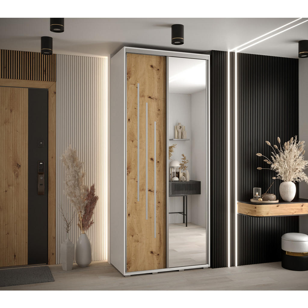 Thumbnail - Abiks Möbel Schwebetürenschrank, Weiß, Eiche Artisan, Silber, Metall, Nachbildung, 6 Fächer, 120x235x45 cm, Schlafzimmer...
