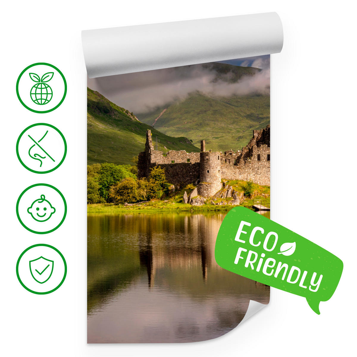 FOTOTAPETE Burgruine Kilchurn See Landschaft 3D 150x105 - Gelb/Beige, Papier (150/105cm) - Muralo