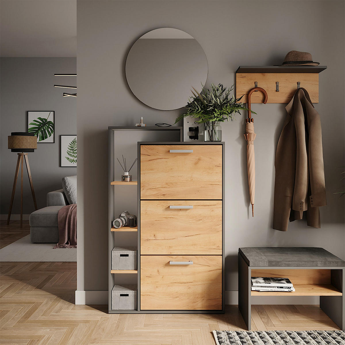 SCHUHKIPPER Orlando Goldkraft Eiche/Anthrazit 80 x 128.3 cm mit 3 Klappfächern - Honigeiche, Holzwerkstoff (80/128.3/18.2cm) - Vicco