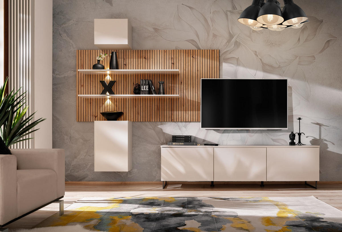 WOHNWAND 4-teilig Sand matt, Eiche Artisan 280 cm, Schrankwand hängend inklusive LED Beleuchtung - Sandfarben/Schwarz, Holzwerkstoff/Kunststoff (280/200/45cm) - Furn.Design