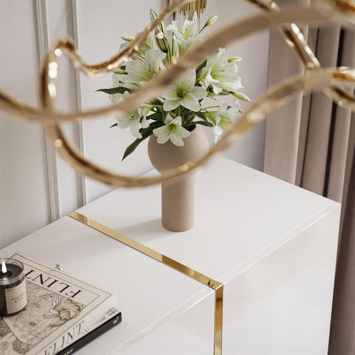 SIDEBOARD MIT SCHUBLADEN ONYX AUF GOLDENEN BEINEN HOCHGLANZ 158 CM PUSH OPEN - Weiß, Holzwerkstoff (158/88/41.3cm) - Lookway