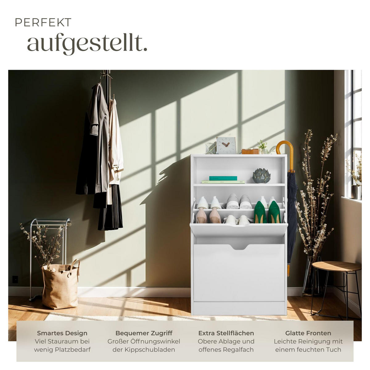 SCHUHSCHRANK Calea, 60 x 24 x 102 cm, weiß - Weiß, Holzwerkstoff (60/102/24cm) - tectake