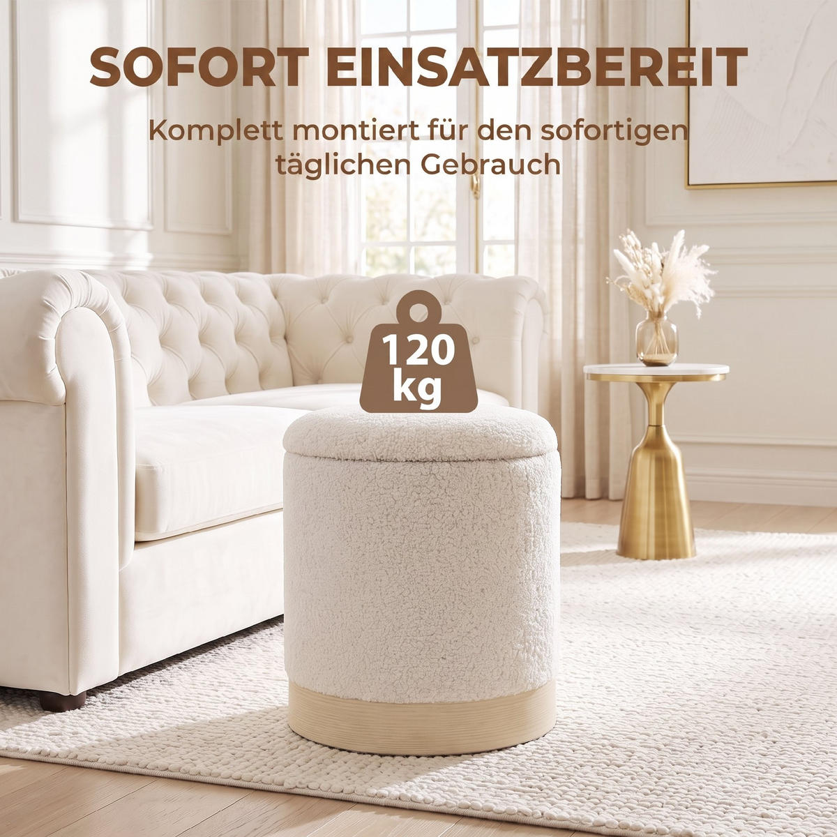 FÖRVARINGSPALL i sherpa-fleece, krämvit - Cremefärgad, Textil/Metall (38/45/38cm) - HOMCOM