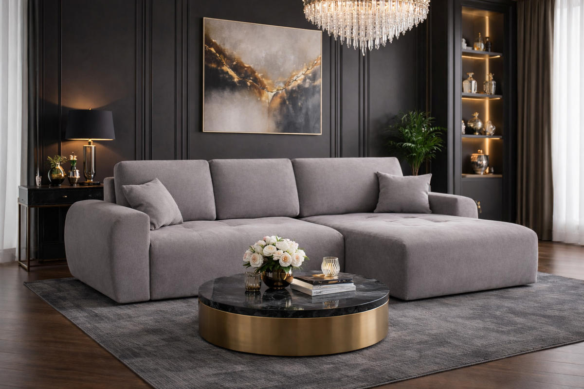 ECKSOFA Mit Schlaffunktion Und Bettkasten L-Form Ivo L, Veloursstoff Salvador, Grau, Rechts - Grau, Holz (250/142cm) - Kaiser Möbel